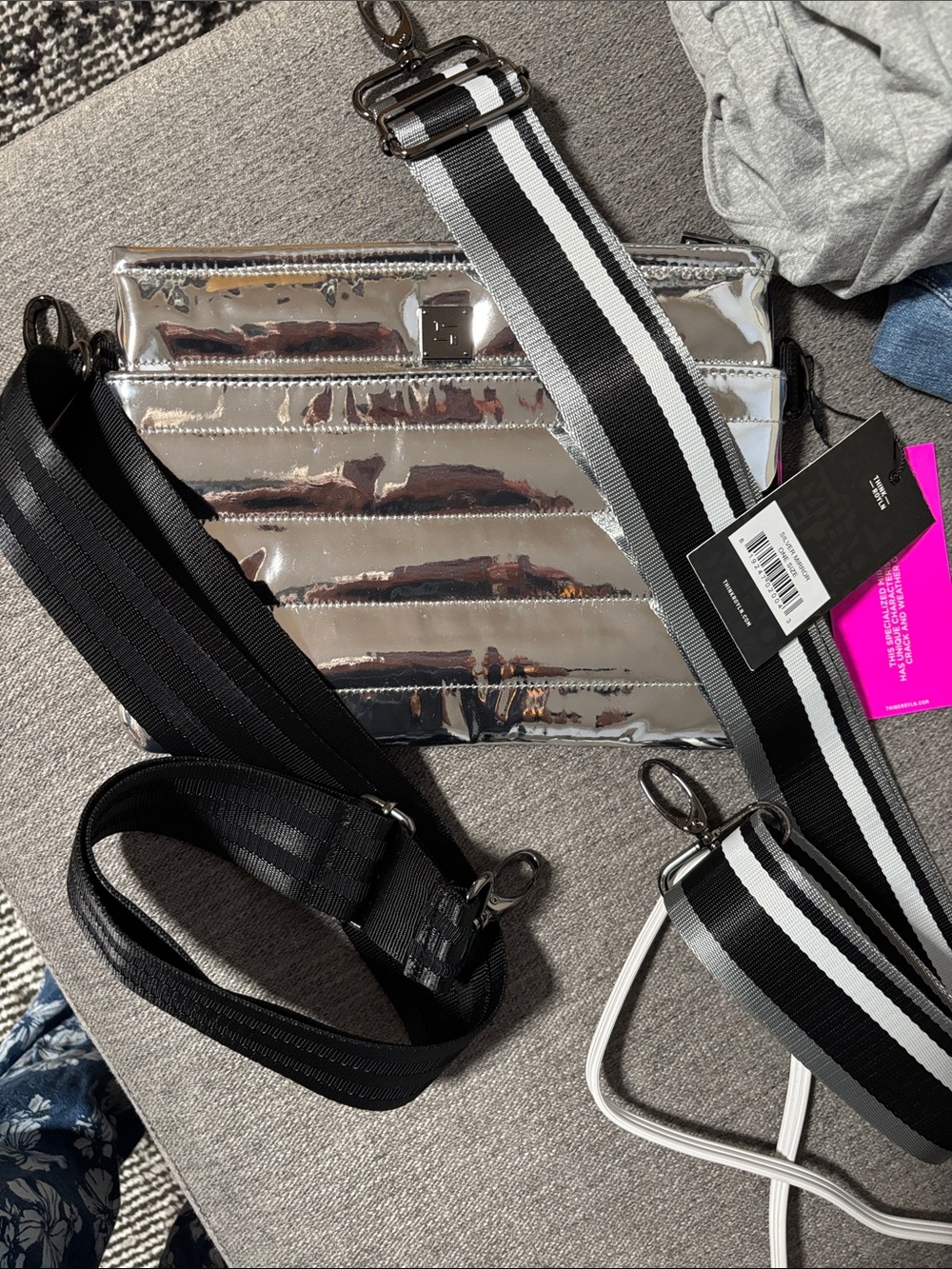 THINK ROYLN Silver Puffer Crossbody Bag with Black Strap